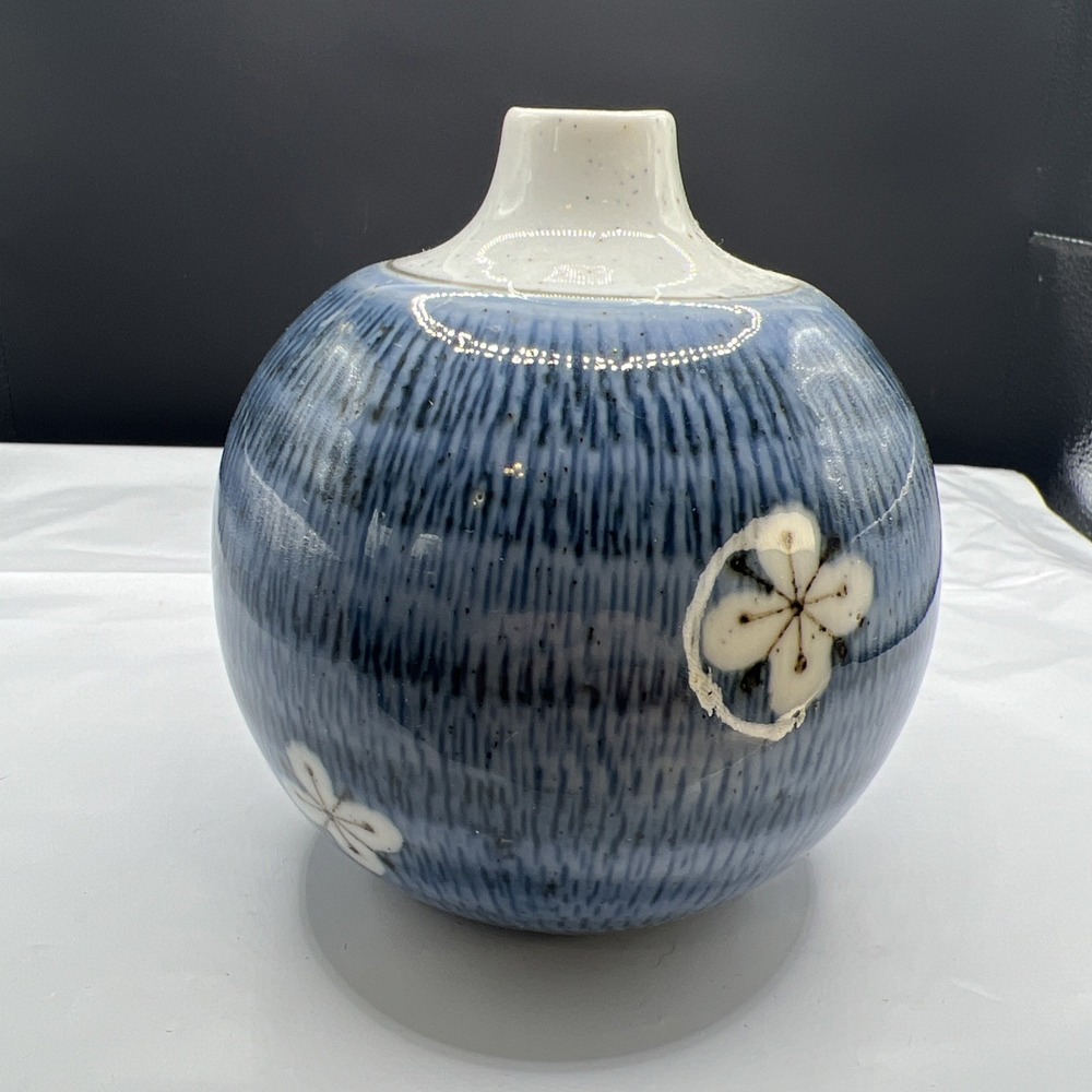 VTG Otagiri OMC Japan Blue Ceramic Bud Vase Weed Pot 4.5" Cherry Blossoms